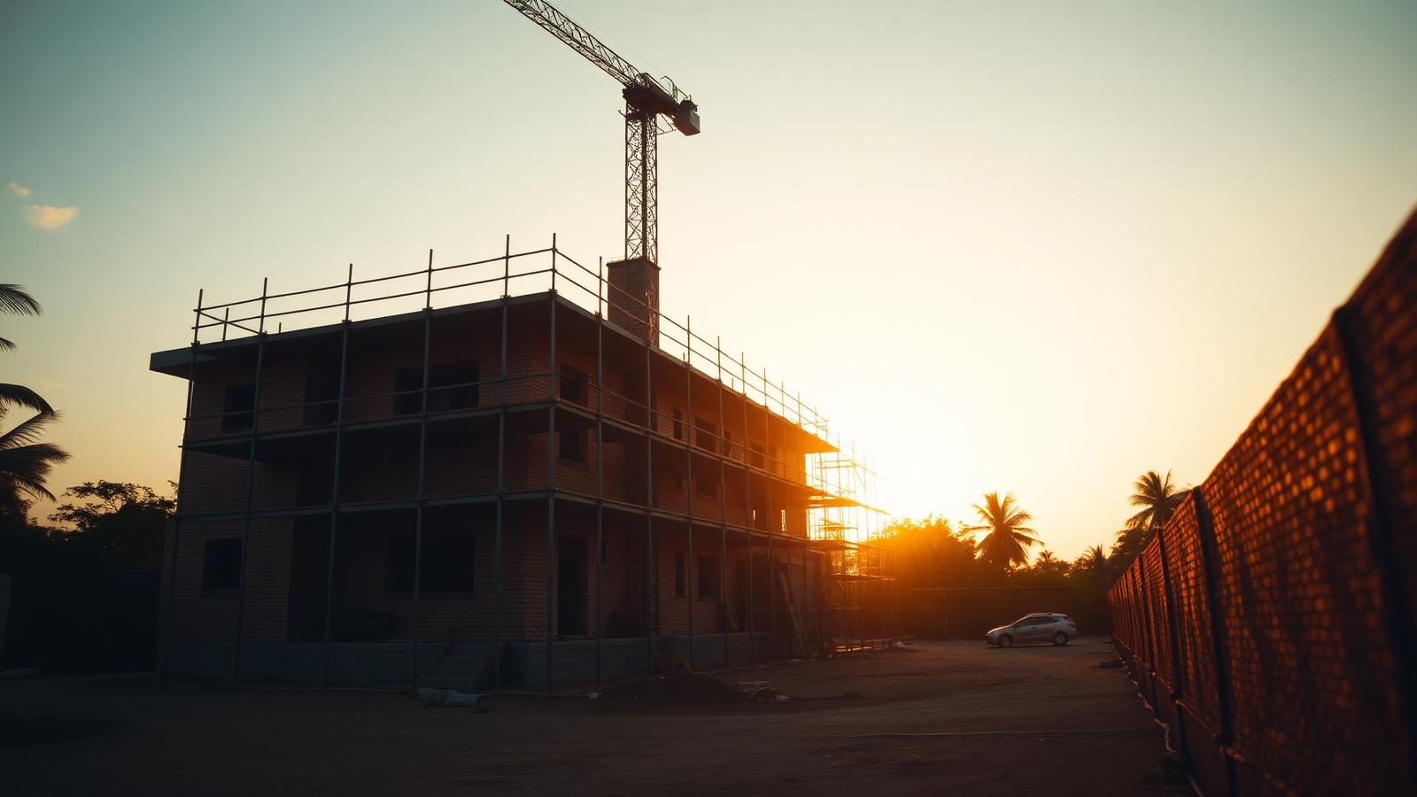 Obra residencial em construção com andaimes ao fim da tarde